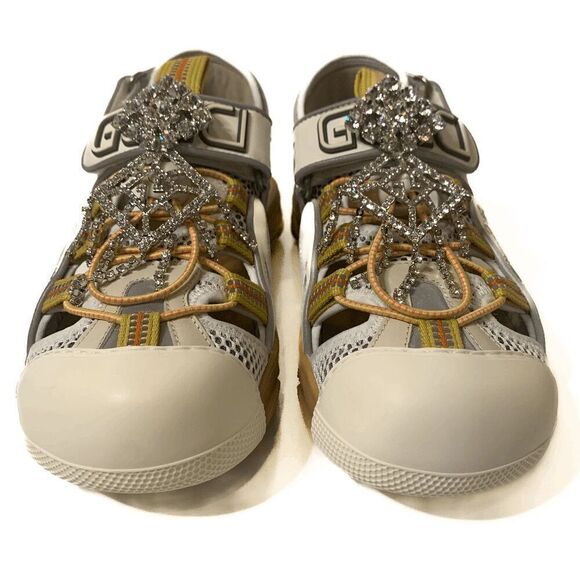 Gucci Fabric Mesh Tinsel Platform Embellished Dad Sandal EU 37 US 7 Velcro Strap - Picture 5 of 12